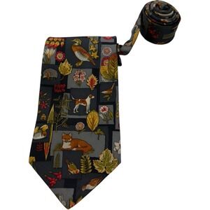 Salvatore Ferragamo Gray Duck Dog Fox Leaf & Floral Silk Designer Neck Tie